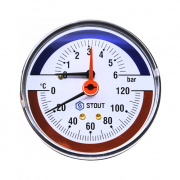 Термоманометр аксиальный STOUT - 1/2" (D80 мм, шкала 0-120°C/0-4 бар, с запорным клапаном)