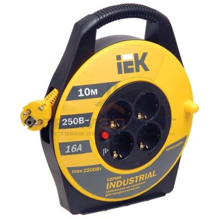 Удлинитель на катушке IEK "Industrial" 10м 3х1,5мм 16А 4 розетки с термозащитой